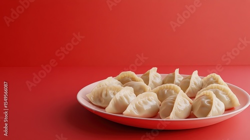 3d rendering, a plate of dumplings close-up, red background, large area of white space, fresh and clean picture
