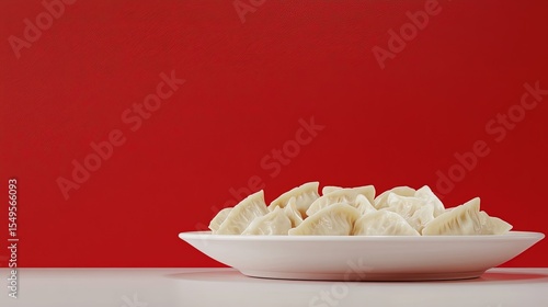 3d rendering, a plate of dumplings close-up, red background, large area of white space, fresh and clean picture