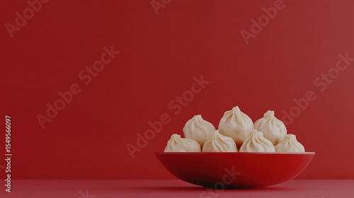3d rendering, a plate of dumplings close-up, red background, large area of white space, fresh and clean picture