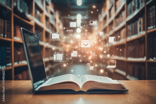 Open book and laptop in a library, digital icons swirling