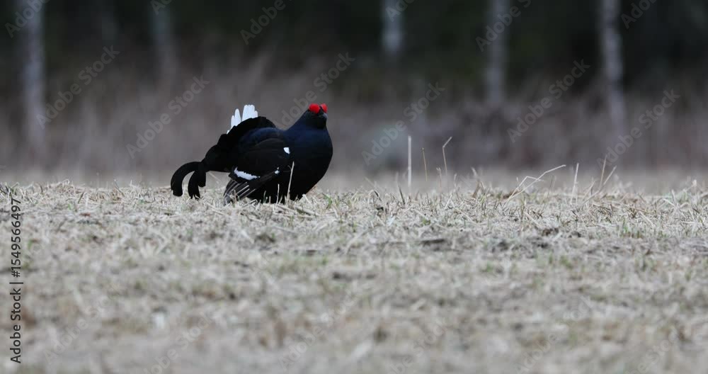 Male Black grouse performing his mating dance inside his lek in a pine and birch forest at first light before sunrise. Male Black grouse performing his mating dance inside his lek in a pine and birch forest at first light before sunrise.