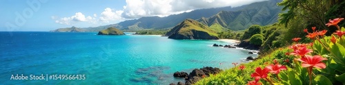 Lush green Hawaiian landscape with vibrant flowers, crystal-clear turquoise ocean, and dramatic volcanic rock formations under a sunny sky A quintessential Hawaiian paradise scene , sea, peaceful