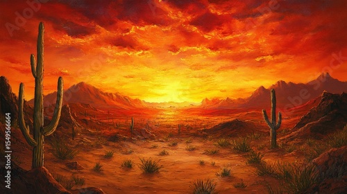 Realistic landscape painting of a desert at sunset, vibrant oranges and reds blending in the sky, with detailed textures of sand dunes and cacti.