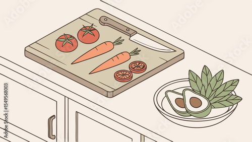 Fresh Vegetables and Knife on Cutting Board with Avocados.