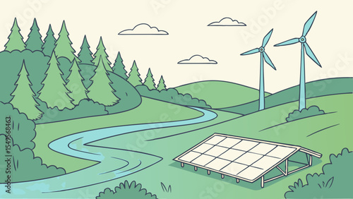 Illustrated landscape with wind turbines solar panel river and trees.