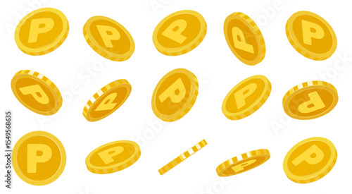いろいろな角度のポイントコインのイラスト(POINT ポイント 会員 ポイントカード コイン 金 編集可能)