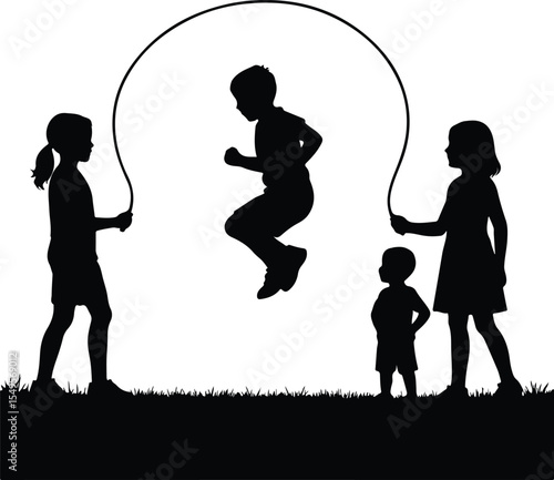 Silhouettes of children joyfully playing jump rope together, isolated on white background