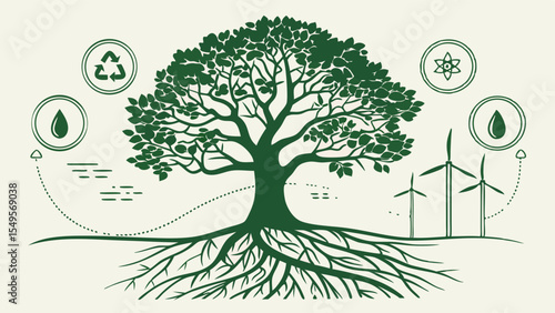 Majestic Green Tree with Extensive Roots and Wind Turbines.