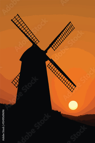 Silhouette of a windmill at sunset
