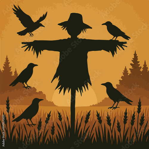 Silhouette of a scarecrow with crows in a field at sunset