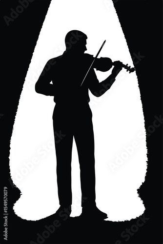 Silhouette of a violinist playing the violin on stage in a spotlight