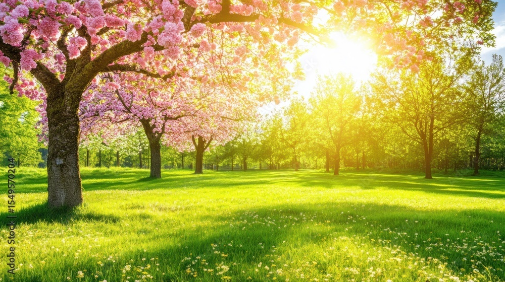 Naklejka premium Spring blossoms, sunlit meadow