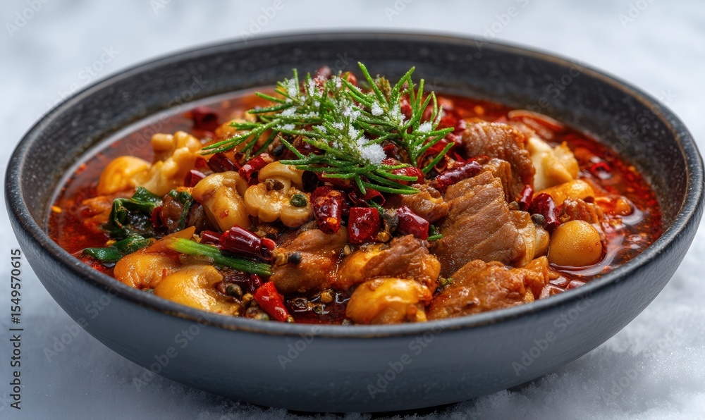 Bubbling Sichuan hot pot with red chili broth, beef slices, mushrooms, and tofu garnished with dried chilis and peppercorns on a matte obsidian plate Bubbling Sichuan hot pot with red chili broth, beef slices, mushrooms, and tofu garnished with dried chilis and peppercorns on a matte obsidian plate