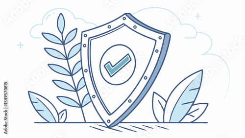 Shield Icon with Checkmark Symbol and Decorative Foliage.
