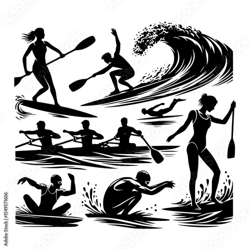 Water sports silhouettes surfing paddleboarding rowing swimming
