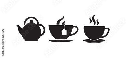 Tea cup icon bundle set, hot tea or coffee cup line art vector illustration on white background