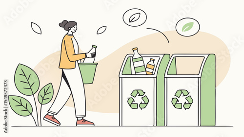 Woman Recycling Plastic Bottles into Green Bins.