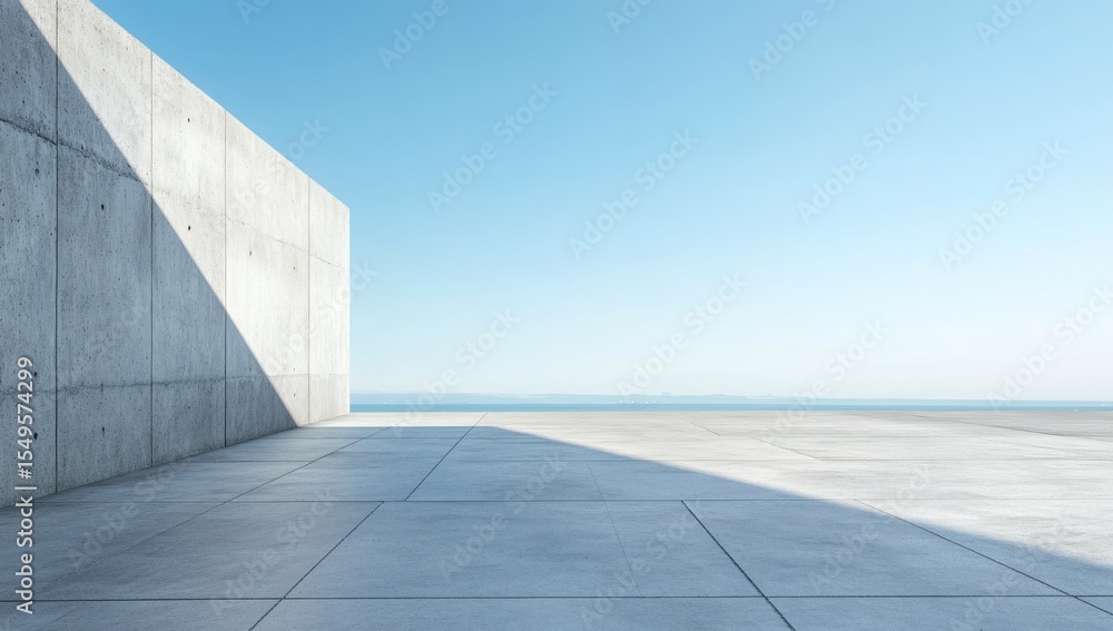 Fototapeta premium Flat concrete ground stretching into the distance, with a large rough concrete wall in the far background.