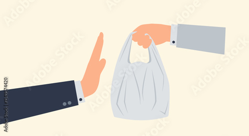 Businessperson refusing a plastic bag, symbolizing environmental awareness.