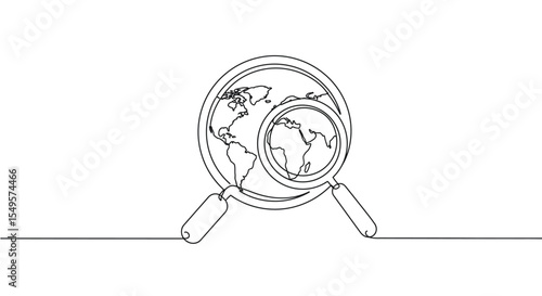 A single line drawing of a magnifying glass focused on a world map, symbolizing global exploration or research.