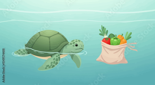 Sad sea turtle swimming near a bag of fresh produce, symbolizing ocean pollution and plastic waste.