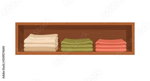 Three stacks of folded towels neatly arranged on a wooden shelf.