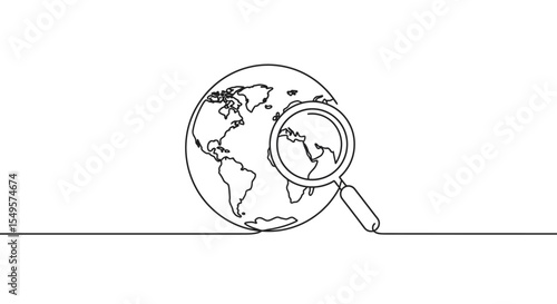 A line drawing of Earth being examined with a magnifying glass.