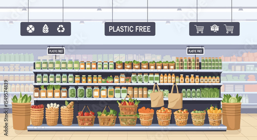 Supermarket aisle featuring shelves stocked with plastic-free groceries and produce in baskets, promoting sustainability.