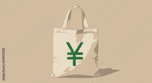A beige tote bag with a green Japanese Yen symbol.