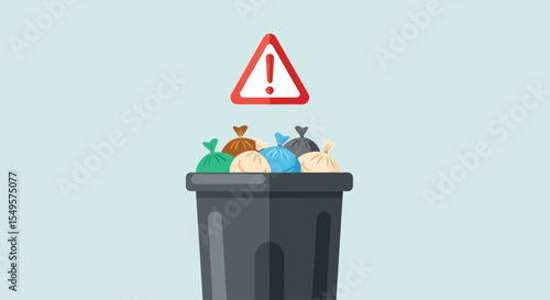 A full trash can overflowing with bags of garbage, with a red warning sign.