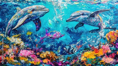 Fototapeta Naklejka Na Ścianę i Meble -  Vibrant coral reef with dolphins leaping