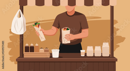 A vendor prepares and hands a wrap at a street food stall.
