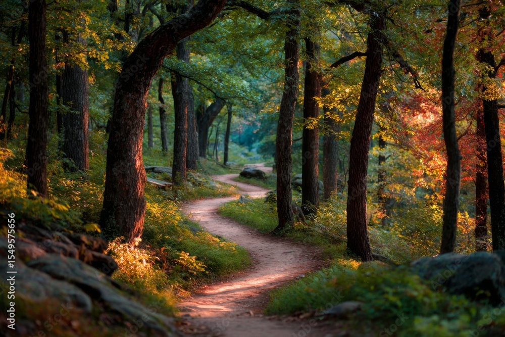 Obraz premium A long winding forest path flanked by color-shifting trees, symbolizing journey, change, and discovery.