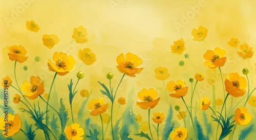 Fototapeta Naklejka Na Ścianę i Meble -  Watercolor painting of yellow wildflowers in a field sunny spring floral background