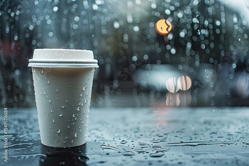 High Resolution Image of White Paper Clean Coffee Cup with Falling Rain Background