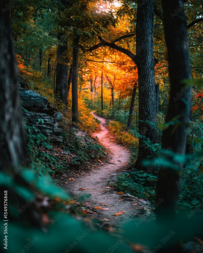 Obraz premium A long winding forest path flanked by color-shifting trees, symbolizing journey, change, and discovery.