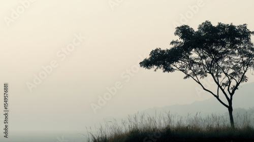 Wallpaper Mural silhouette of single tree slightly shifted to right surrounded by soft fog Torontodigital.ca