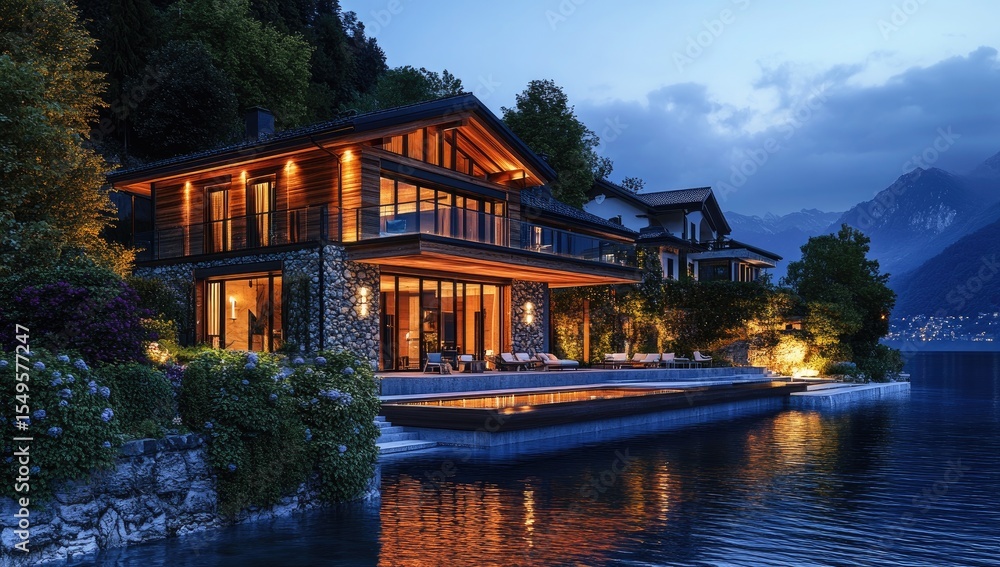 Fototapeta premium Luxurious lakefront home at twilight