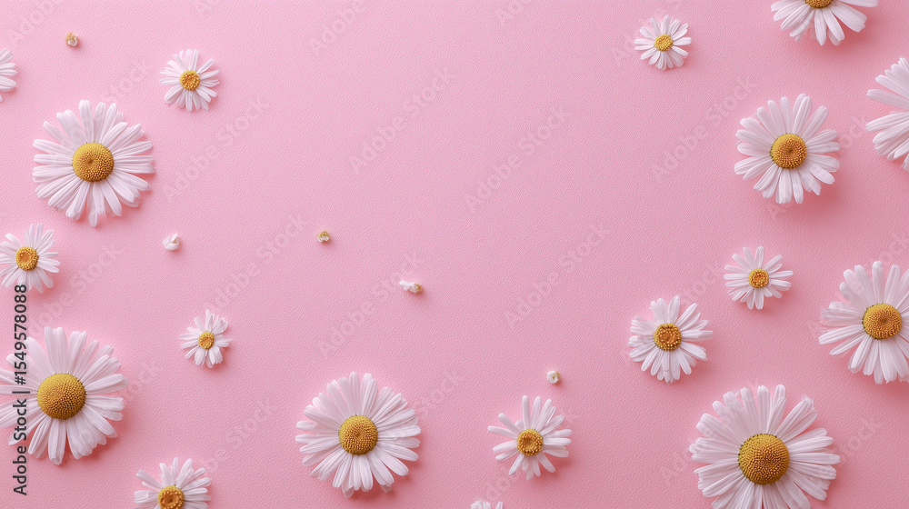 This top view composition with chamomile flowers on soft pink tones reflects a creative lifestyle and seasonal freshness.


