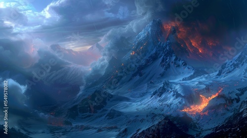 Dynamic Fantasy Landscape with Fiery Mountain Eruptions and Dramatic Storm Clouds