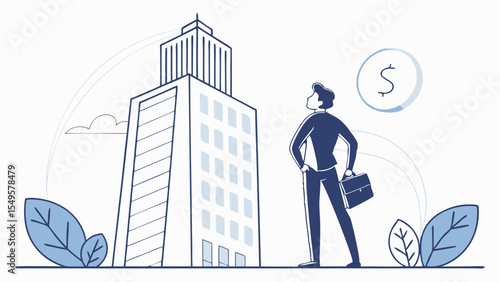 Businessman Admiring Modern Skyscraper and Financial Success.