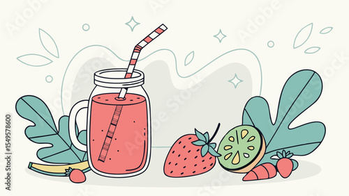Cartoon illustration of a fruit smoothie in a jar with fruits.