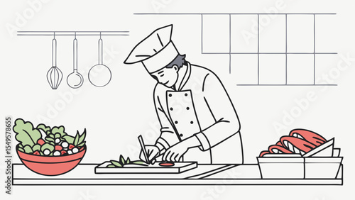 Chef preparing food with salad and sliced meat in kitchen.