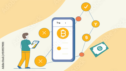 Cryptocurrency Transaction Illustration with Bitcoin and Mobile Phone.