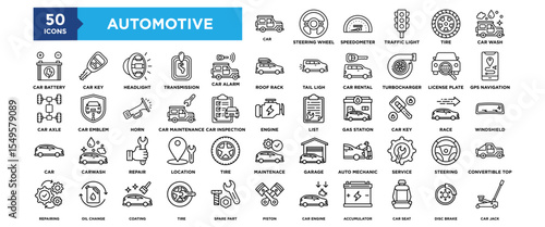 50 Automotive  icon set. Containing design Car
Steering Wheel
Speedometer, Traffic Light, Tire, Car Wash