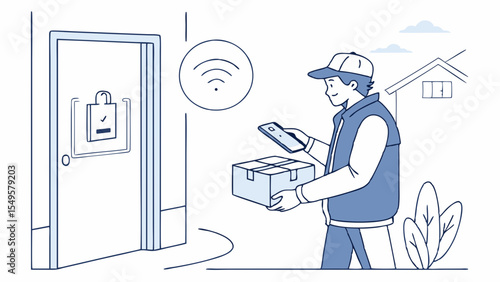 Delivery man with package using smart technology for secure delivery.