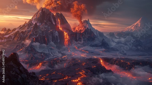Dramatic Volcanic Eruption Landscape with Fiery Lava Flows and Ash Clouds Under a Dark Sky