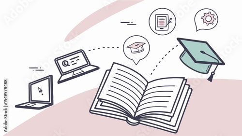 Digital Learning Open Book with Laptops Tablet Graduation Cap and Gear.