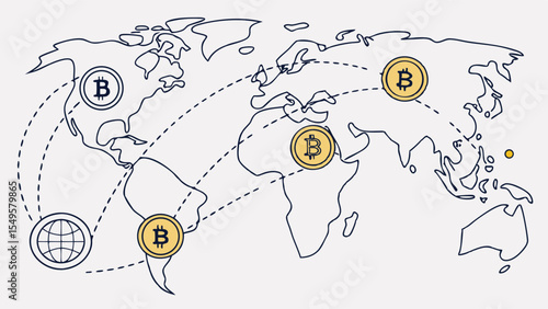 Global Bitcoin Cryptocurrency Network Illustration.