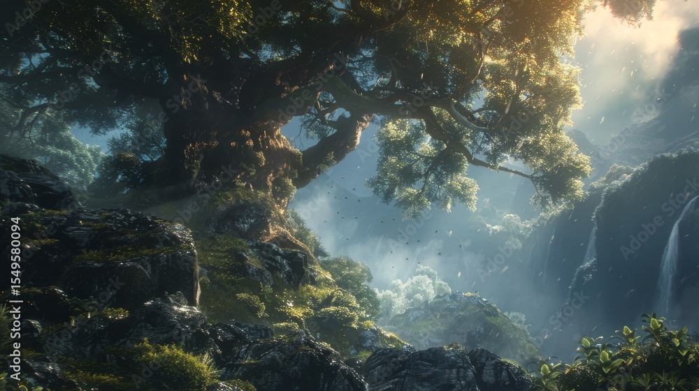 Fototapeta premium Mystical Waterfall Scene in a Lush Forest